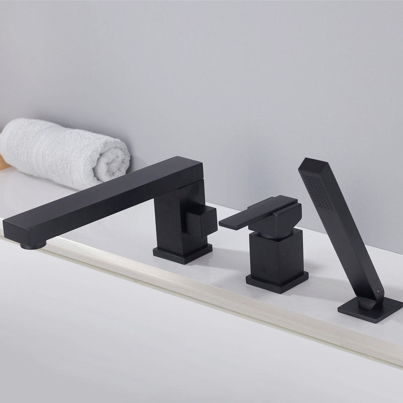 Brass Low Arc Bath Faucet with Hand Shower Square Bathroom Faucet Black 7 Shape 3 Hole Faucets Clearhalo 'Bathroom Remodel & Bathroom Fixtures' 'Bathtub Faucets' 'bathtub_faucets' 'Home Improvement' 'home_improvement' 'home_improvement_bathtub_faucets' 7196821
