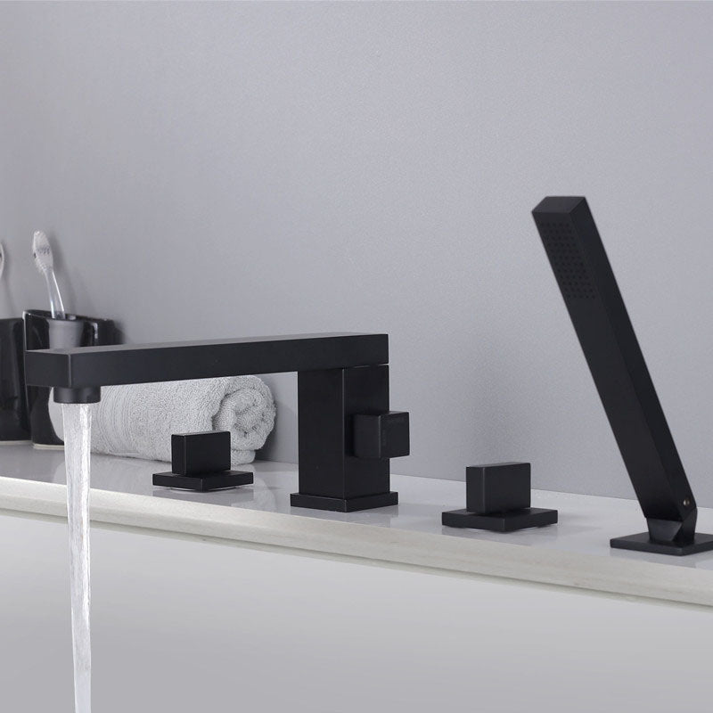 Brass Low Arc Bath Faucet with Hand Shower Square Bathroom Faucet Matte Black Square 4 Hole Faucets Clearhalo 'Bathroom Remodel & Bathroom Fixtures' 'Bathtub Faucets' 'bathtub_faucets' 'Home Improvement' 'home_improvement' 'home_improvement_bathtub_faucets' 7196824