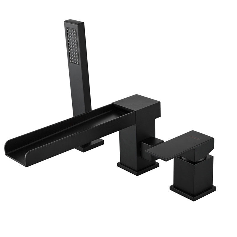 Brass Low Arc Bath Faucet with Hand Shower Square Bathroom Faucet Clearhalo 'Bathroom Remodel & Bathroom Fixtures' 'Bathtub Faucets' 'bathtub_faucets' 'Home Improvement' 'home_improvement' 'home_improvement_bathtub_faucets' 7196825