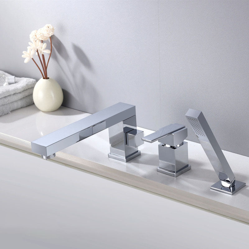Brass Low Arc Bath Faucet with Hand Shower Square Bathroom Faucet Chrome Square 3 Hole Faucets Clearhalo 'Bathroom Remodel & Bathroom Fixtures' 'Bathtub Faucets' 'bathtub_faucets' 'Home Improvement' 'home_improvement' 'home_improvement_bathtub_faucets' 7196826