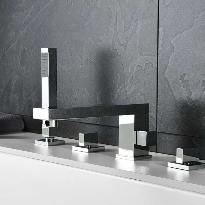 Brass Low Arc Bath Faucet with Hand Shower Square Bathroom Faucet Chrome Square 4 Hole Faucets Clearhalo 'Bathroom Remodel & Bathroom Fixtures' 'Bathtub Faucets' 'bathtub_faucets' 'Home Improvement' 'home_improvement' 'home_improvement_bathtub_faucets' 7196827