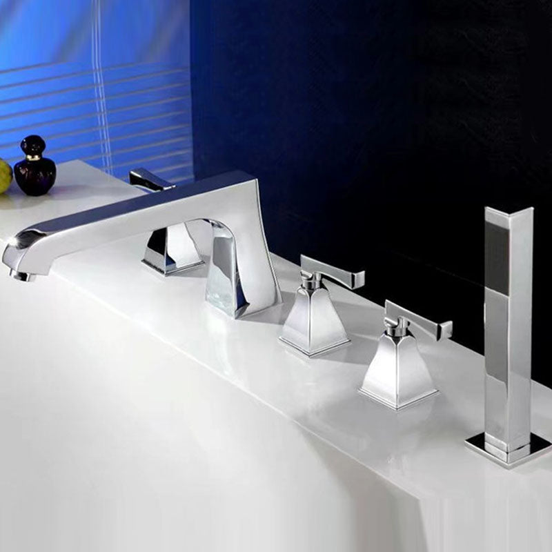 Brass Low Arc Bath Faucet with Hand Shower Square Bathroom Faucet Chrome Square 5 Hole Faucets Clearhalo 'Bathroom Remodel & Bathroom Fixtures' 'Bathtub Faucets' 'bathtub_faucets' 'Home Improvement' 'home_improvement' 'home_improvement_bathtub_faucets' 7196829