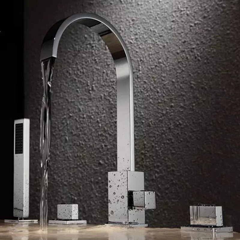 Brass Low Arc Bath Faucet with Hand Shower Square Bathroom Faucet Chrome Gooseneck 4 Hole Faucets Clearhalo 'Bathroom Remodel & Bathroom Fixtures' 'Bathtub Faucets' 'bathtub_faucets' 'Home Improvement' 'home_improvement' 'home_improvement_bathtub_faucets' 7196831