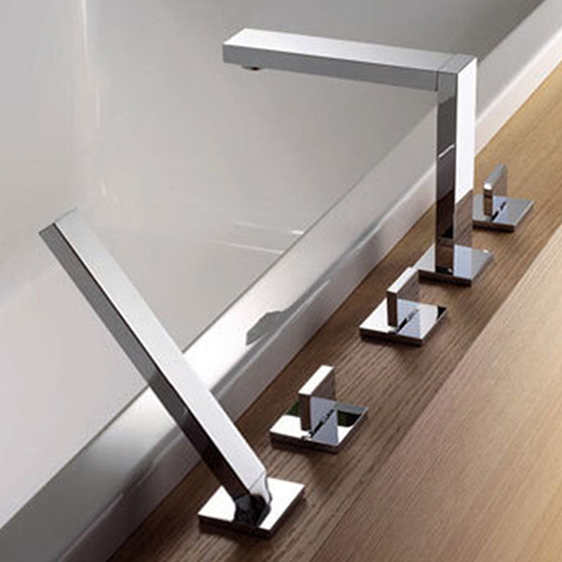 Brass Low Arc Bath Faucet with Hand Shower Square Bathroom Faucet Chrome 7 Shape 5 Hole Faucets Clearhalo 'Bathroom Remodel & Bathroom Fixtures' 'Bathtub Faucets' 'bathtub_faucets' 'Home Improvement' 'home_improvement' 'home_improvement_bathtub_faucets' 7196833