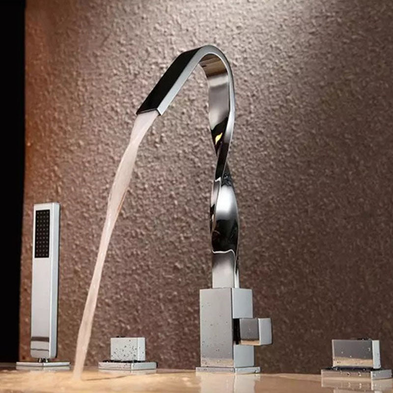 Brass Low Arc Bath Faucet with Hand Shower Square Bathroom Faucet Chrome Elbow Outlet 4 Hole Faucets Clearhalo 'Bathroom Remodel & Bathroom Fixtures' 'Bathtub Faucets' 'bathtub_faucets' 'Home Improvement' 'home_improvement' 'home_improvement_bathtub_faucets' 7196837