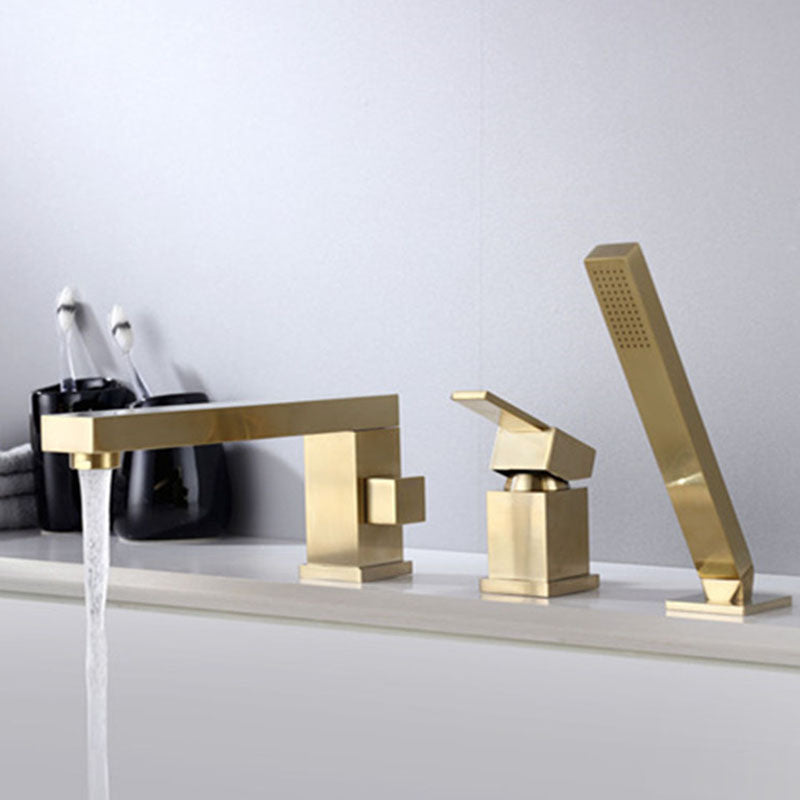 Brass Low Arc Bath Faucet with Hand Shower Square Bathroom Faucet Gold Square 3 Hole Faucets Clearhalo 'Bathroom Remodel & Bathroom Fixtures' 'Bathtub Faucets' 'bathtub_faucets' 'Home Improvement' 'home_improvement' 'home_improvement_bathtub_faucets' 7196838