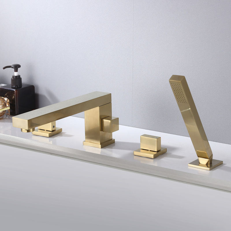 Brass Low Arc Bath Faucet with Hand Shower Square Bathroom Faucet Gold Square 4 Hole Faucets Clearhalo 'Bathroom Remodel & Bathroom Fixtures' 'Bathtub Faucets' 'bathtub_faucets' 'Home Improvement' 'home_improvement' 'home_improvement_bathtub_faucets' 7196839