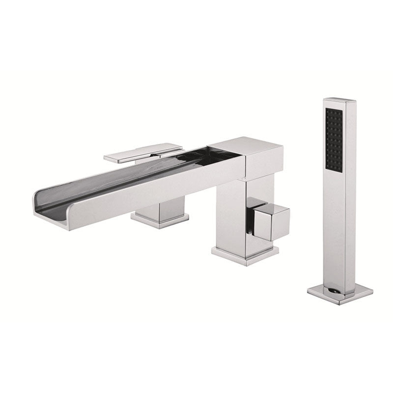 Brass Low Arc Bath Faucet with Hand Shower Square Bathroom Faucet Gun Grey 7 Shape 3 Hole Faucets Clearhalo 'Bathroom Remodel & Bathroom Fixtures' 'Bathtub Faucets' 'bathtub_faucets' 'Home Improvement' 'home_improvement' 'home_improvement_bathtub_faucets' 7196840