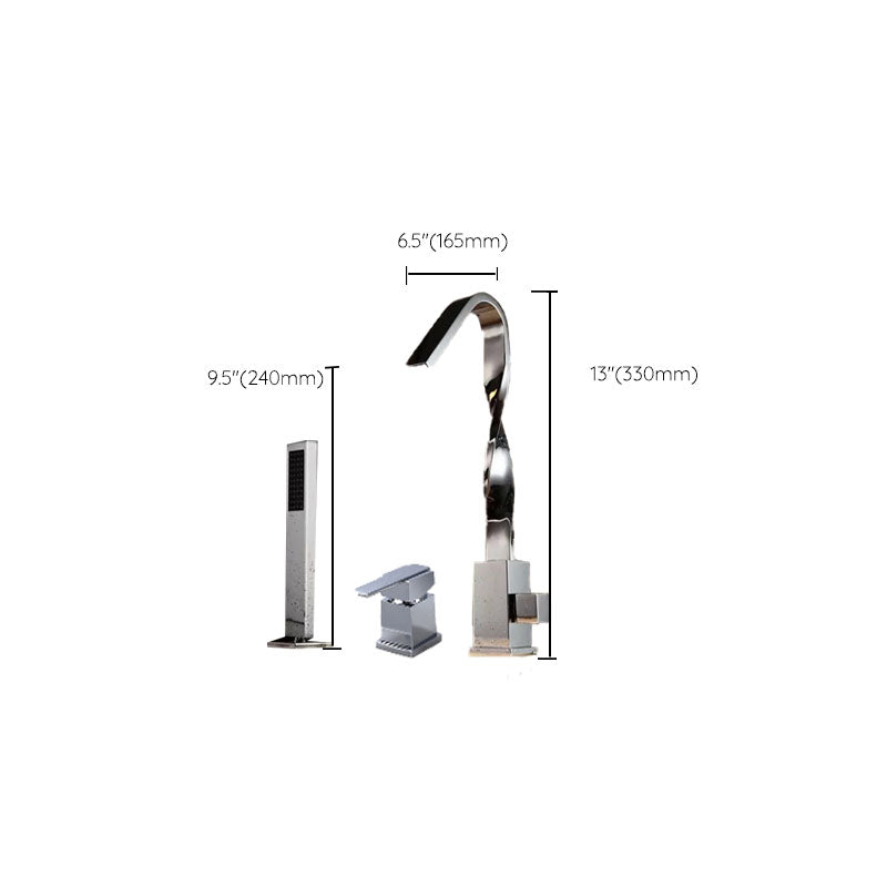 Brass Low Arc Bath Faucet with Hand Shower Square Bathroom Faucet Clearhalo 'Bathroom Remodel & Bathroom Fixtures' 'Bathtub Faucets' 'bathtub_faucets' 'Home Improvement' 'home_improvement' 'home_improvement_bathtub_faucets' 7196841