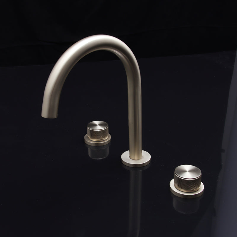 Widespread Bathroom Faucet Knob Handle Swivel Spout High-Arc Faucet Gold 2 Handles Clearhalo 'Bathroom Remodel & Bathroom Fixtures' 'Bathroom Sink Faucets' 'Bathroom Sinks & Faucet Components' 'bathroom_sink_faucets' 'Home Improvement' 'home_improvement' 'home_improvement_bathroom_sink_faucets' 7197508