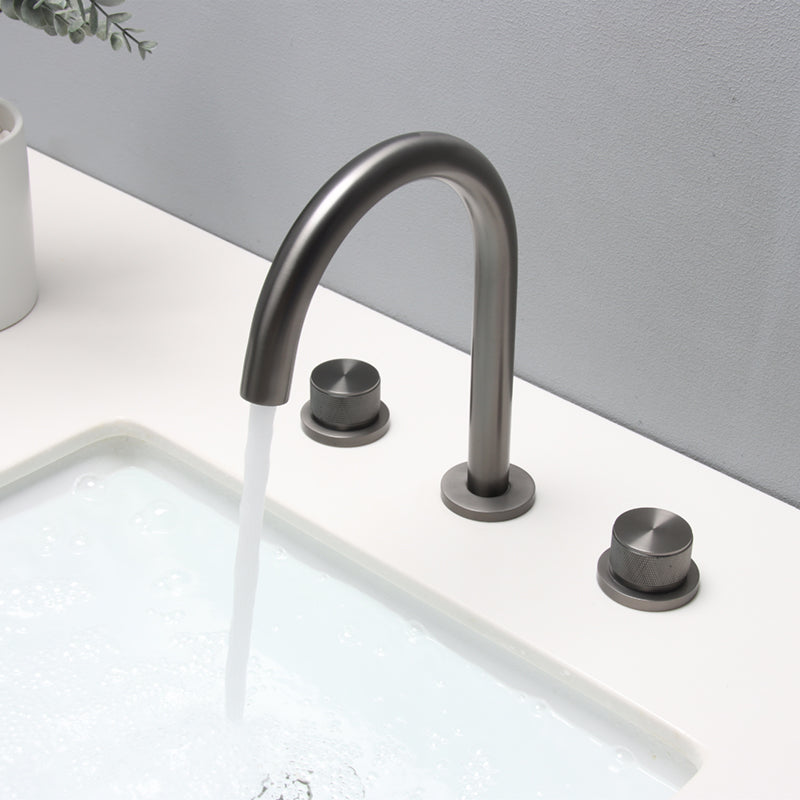 Widespread Bathroom Faucet Knob Handle Swivel Spout High-Arc Faucet Gun Grey 2 Handles Clearhalo 'Bathroom Remodel & Bathroom Fixtures' 'Bathroom Sink Faucets' 'Bathroom Sinks & Faucet Components' 'bathroom_sink_faucets' 'Home Improvement' 'home_improvement' 'home_improvement_bathroom_sink_faucets' 7197510