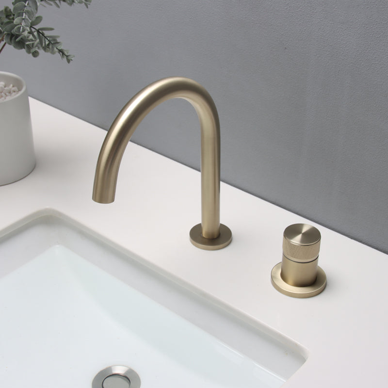 Widespread Bathroom Faucet Knob Handle Swivel Spout High-Arc Faucet Gold 1 Handle Clearhalo 'Bathroom Remodel & Bathroom Fixtures' 'Bathroom Sink Faucets' 'Bathroom Sinks & Faucet Components' 'bathroom_sink_faucets' 'Home Improvement' 'home_improvement' 'home_improvement_bathroom_sink_faucets' 7197512