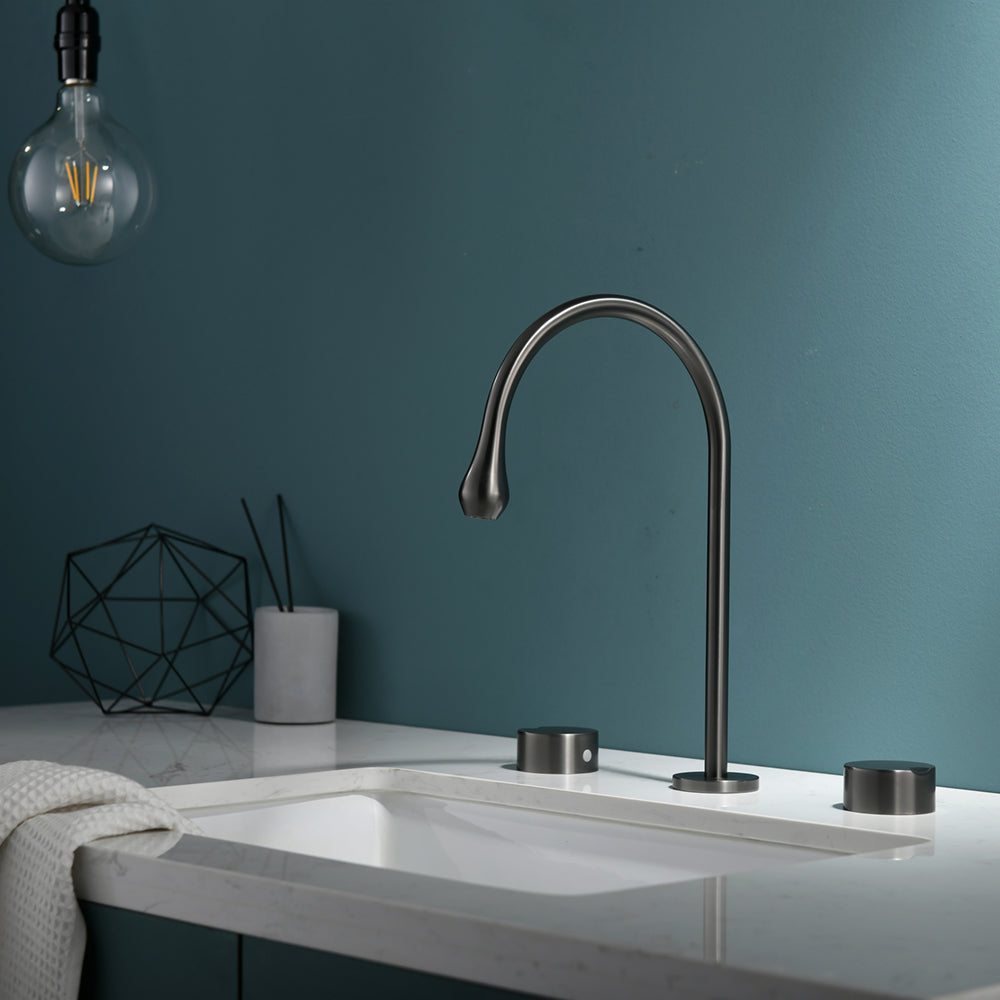 Wide Spread Bathroom Faucet Knob Handles 3 Holes Gooseneck Faucet Clearhalo 'Bathroom Remodel & Bathroom Fixtures' 'Bathroom Sink Faucets' 'Bathroom Sinks & Faucet Components' 'bathroom_sink_faucets' 'Home Improvement' 'home_improvement' 'home_improvement_bathroom_sink_faucets' 7197523