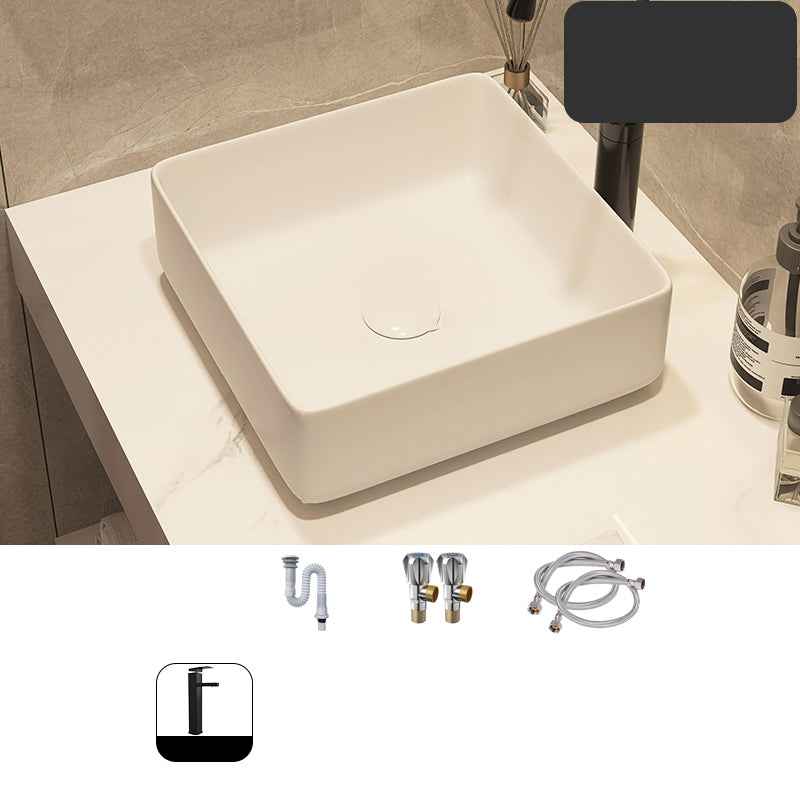 Modern Style White Bathroom Sink Rectangle Ceramic Bathroom Sink 14"L x 14"W x 5"H Cold and Hot Faucet Included Sink with Faucet Clearhalo 'Bathroom Remodel & Bathroom Fixtures' 'Bathroom Sinks & Faucet Components' 'Bathroom Sinks' 'bathroom_sink' 'Home Improvement' 'home_improvement' 'home_improvement_bathroom_sink' 7198373