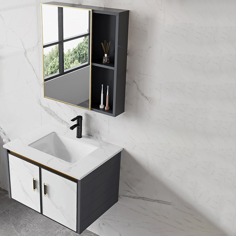 Sink Vanity Wall Mounted Mirror Drawers Ceramic Bathroom Vanity with Faucet Vanity & Faucet & Mirror Cabinet 28"L x 19"W x 16"H Stone Clearhalo 'Bathroom Remodel & Bathroom Fixtures' 'Bathroom Vanities' 'bathroom_vanities' 'Home Improvement' 'home_improvement' 'home_improvement_bathroom_vanities' 7198819