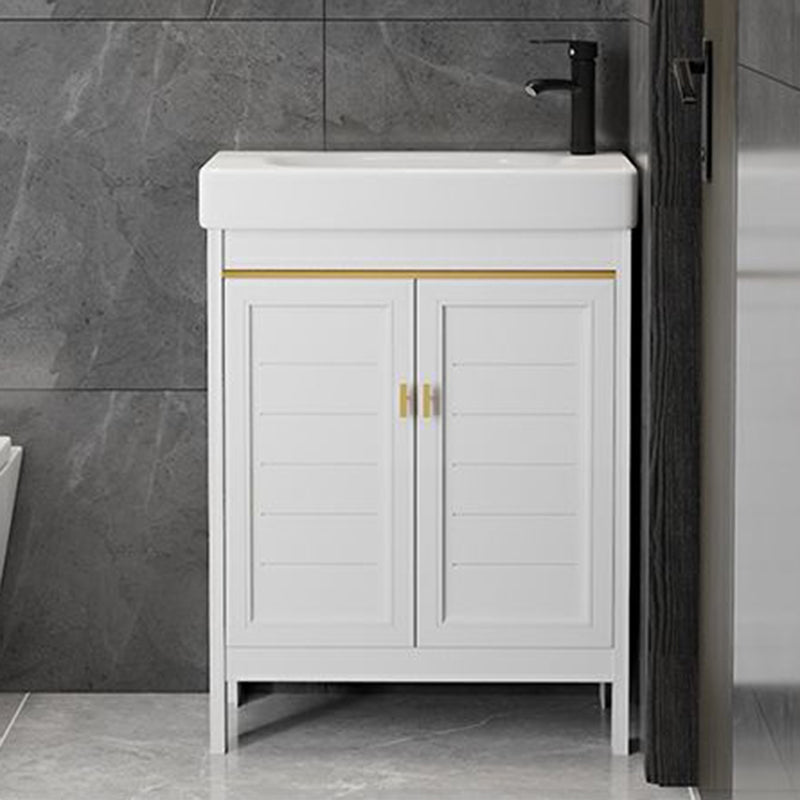 Single Sink Bath Vanity Set White Oval Metal 2 Doors Bathroom Vanity with Mirror Clearhalo 'Bathroom Remodel & Bathroom Fixtures' 'Bathroom Vanities' 'bathroom_vanities' 'Home Improvement' 'home_improvement' 'home_improvement_bathroom_vanities' 7198903