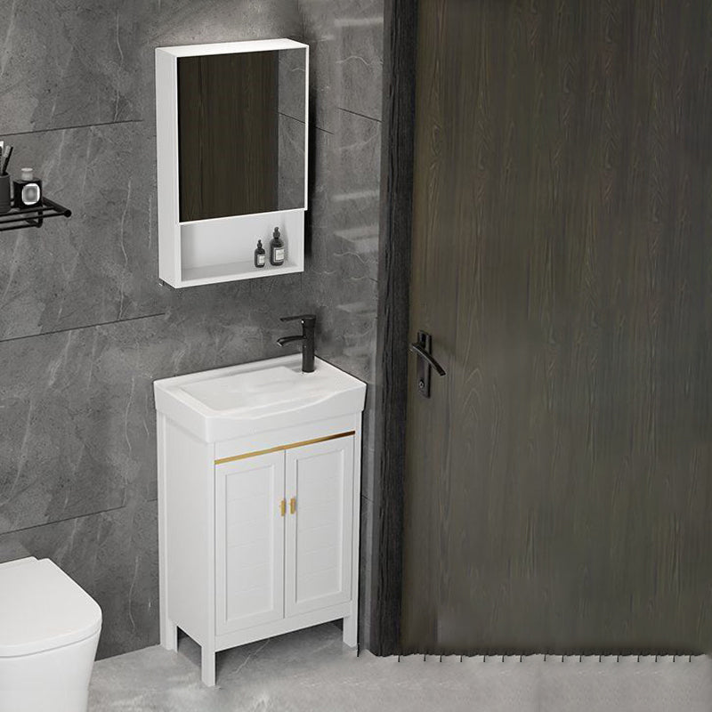 Single Sink Bath Vanity Set White Oval Metal 2 Doors Bathroom Vanity with Mirror Vanity & Faucet & Mirror Cabinet 20"L x 12"W x 31"H Clearhalo 'Bathroom Remodel & Bathroom Fixtures' 'Bathroom Vanities' 'bathroom_vanities' 'Home Improvement' 'home_improvement' 'home_improvement_bathroom_vanities' 7198929