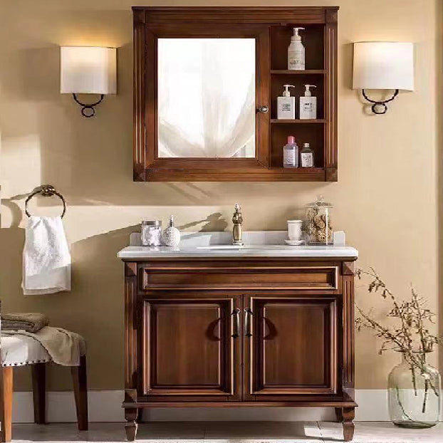 2 Doors Vanity Wood Frame Mirror Freestanding Oval Single Sink Drawers Bath Vanity Vanity & Faucet & Mirror Cabinet Walnut Clearhalo 'Bathroom Remodel & Bathroom Fixtures' 'Bathroom Vanities' 'bathroom_vanities' 'Home Improvement' 'home_improvement' 'home_improvement_bathroom_vanities' 7199166
