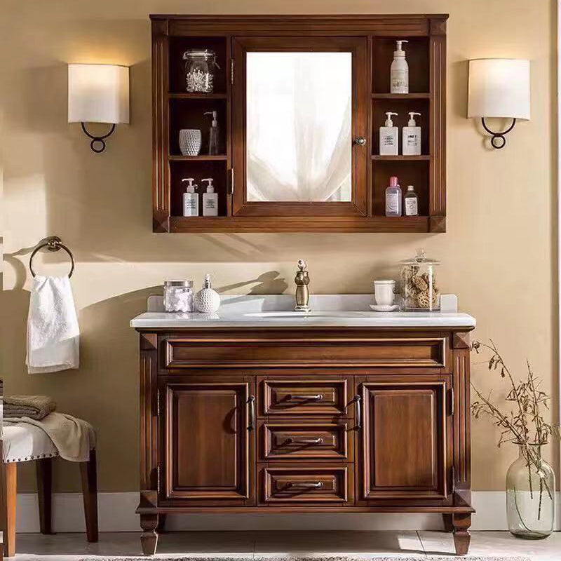 2 Doors Vanity Wood Frame Mirror Freestanding Oval Single Sink Drawers Bath Vanity Vanity & Faucet & Mirror Cabinet Walnut Clearhalo 'Bathroom Remodel & Bathroom Fixtures' 'Bathroom Vanities' 'bathroom_vanities' 'Home Improvement' 'home_improvement' 'home_improvement_bathroom_vanities' 7199167