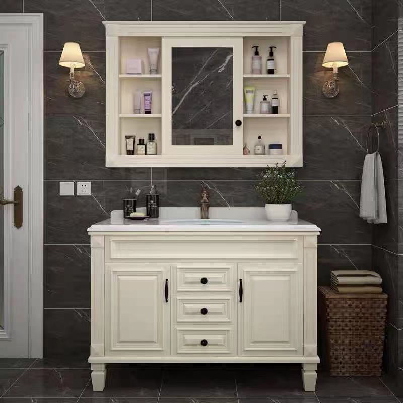 2 Doors Vanity Wood Frame Mirror Freestanding Oval Single Sink Drawers Bath Vanity Vanity & Faucet & Mirror Cabinet White Clearhalo 'Bathroom Remodel & Bathroom Fixtures' 'Bathroom Vanities' 'bathroom_vanities' 'Home Improvement' 'home_improvement' 'home_improvement_bathroom_vanities' 7199171