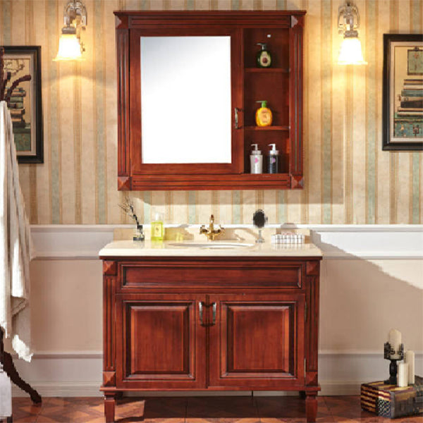 2 Doors Vanity Wood Frame Mirror Freestanding Oval Single Sink Drawers Bath Vanity Vanity & Faucet & Mirror Cabinet Reddish Brown Clearhalo 'Bathroom Remodel & Bathroom Fixtures' 'Bathroom Vanities' 'bathroom_vanities' 'Home Improvement' 'home_improvement' 'home_improvement_bathroom_vanities' 7199173