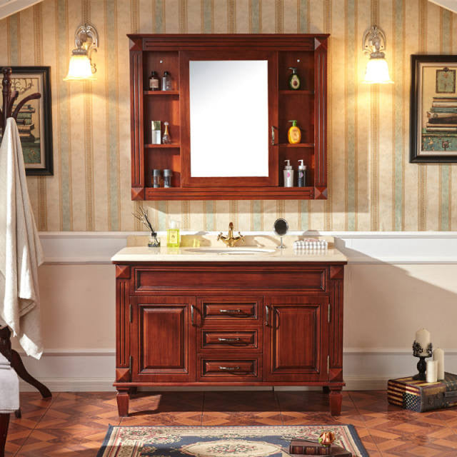 2 Doors Vanity Wood Frame Mirror Freestanding Oval Single Sink Drawers Bath Vanity Vanity & Faucet & Mirror Cabinet Reddish Brown Clearhalo 'Bathroom Remodel & Bathroom Fixtures' 'Bathroom Vanities' 'bathroom_vanities' 'Home Improvement' 'home_improvement' 'home_improvement_bathroom_vanities' 7199175