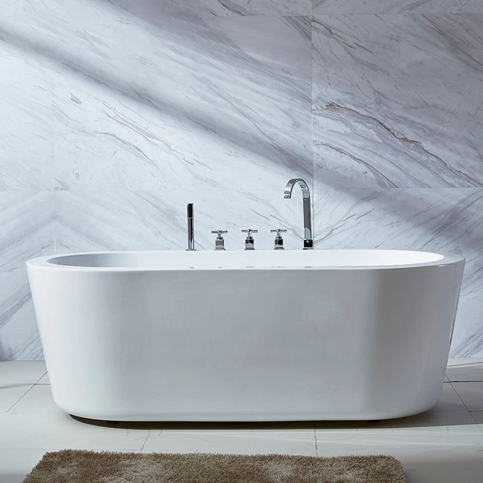 Modern Oval Stand Alone Bath Back to Wall Acrylic Soaking Bathtub 59"L x 31"W x 24"H Tub with Silver 5-Piece Set Clearhalo 'Bathroom Remodel & Bathroom Fixtures' 'Bathtubs' 'Home Improvement' 'home_improvement' 'home_improvement_bathtubs' 'Showers & Bathtubs' 7205328