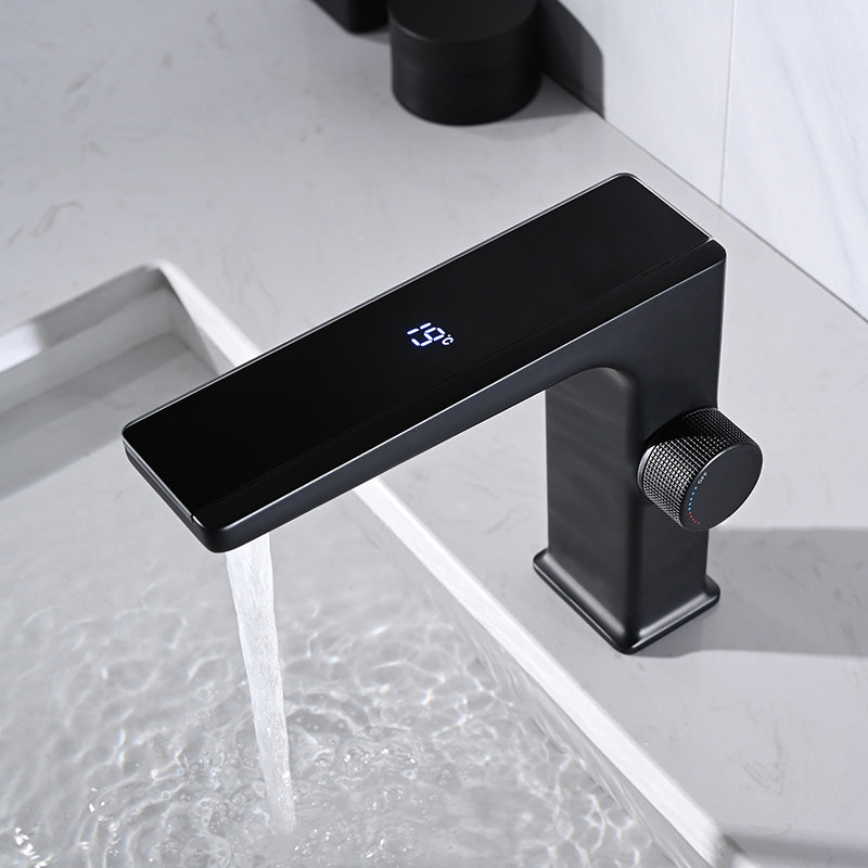 Modern Vessel Sink Faucet Digital Display Knob Handle Low Arc Faucet Black Clearhalo 'Bathroom Remodel & Bathroom Fixtures' 'Bathroom Sink Faucets' 'Bathroom Sinks & Faucet Components' 'bathroom_sink_faucets' 'Home Improvement' 'home_improvement' 'home_improvement_bathroom_sink_faucets' 7205806