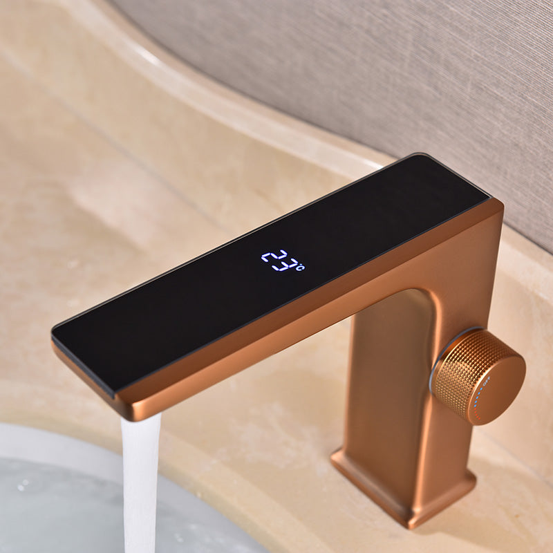 Modern Vessel Sink Faucet Digital Display Knob Handle Low Arc Faucet Gold Clearhalo 'Bathroom Remodel & Bathroom Fixtures' 'Bathroom Sink Faucets' 'Bathroom Sinks & Faucet Components' 'bathroom_sink_faucets' 'Home Improvement' 'home_improvement' 'home_improvement_bathroom_sink_faucets' 7205811