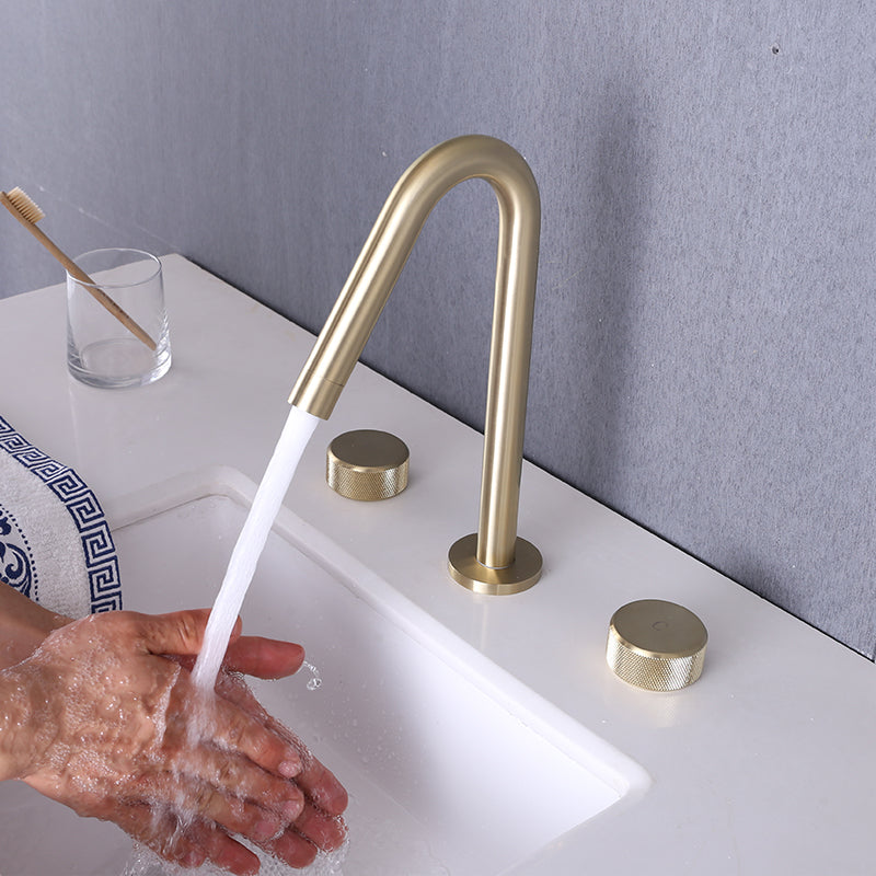Widespread Modern Bathroom Faucet Knob Handle Gooseneck Vessel Faucet Golden 2 Handles Clearhalo 'Bathroom Remodel & Bathroom Fixtures' 'Bathroom Sink Faucets' 'Bathroom Sinks & Faucet Components' 'bathroom_sink_faucets' 'Home Improvement' 'home_improvement' 'home_improvement_bathroom_sink_faucets' 7205828