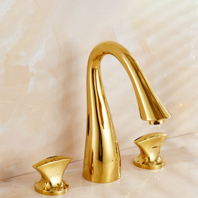 Widespread Bathroom Faucet 3 Holes Circular Vessel Sink Faucet Gold High Arc Knobs Clearhalo 'Bathroom Remodel & Bathroom Fixtures' 'Bathroom Sink Faucets' 'Bathroom Sinks & Faucet Components' 'bathroom_sink_faucets' 'Home Improvement' 'home_improvement' 'home_improvement_bathroom_sink_faucets' 7205911