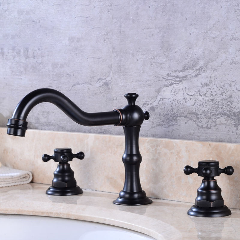 Widespread Bathroom Faucet 3 Holes Circular Vessel Sink Faucet Black Low Radian Cross Handles Clearhalo 'Bathroom Remodel & Bathroom Fixtures' 'Bathroom Sink Faucets' 'Bathroom Sinks & Faucet Components' 'bathroom_sink_faucets' 'Home Improvement' 'home_improvement' 'home_improvement_bathroom_sink_faucets' 7205920