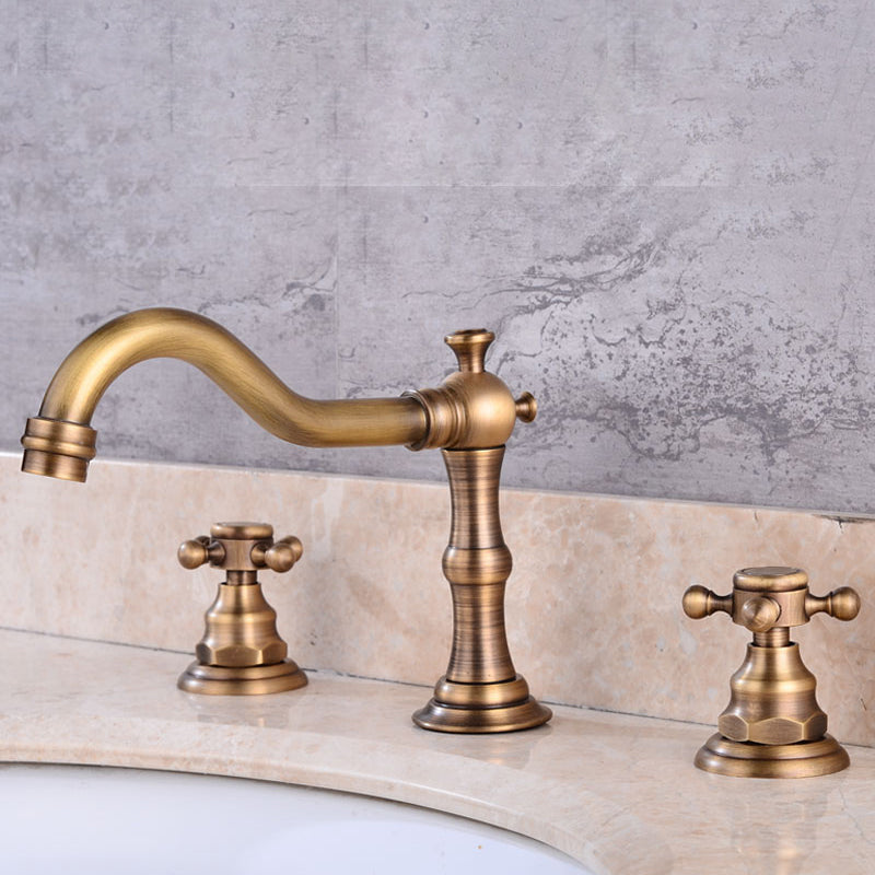 Widespread Bathroom Faucet 3 Holes Circular Vessel Sink Faucet Bronze Low Radian Cross Handles Clearhalo 'Bathroom Remodel & Bathroom Fixtures' 'Bathroom Sink Faucets' 'Bathroom Sinks & Faucet Components' 'bathroom_sink_faucets' 'Home Improvement' 'home_improvement' 'home_improvement_bathroom_sink_faucets' 7205923