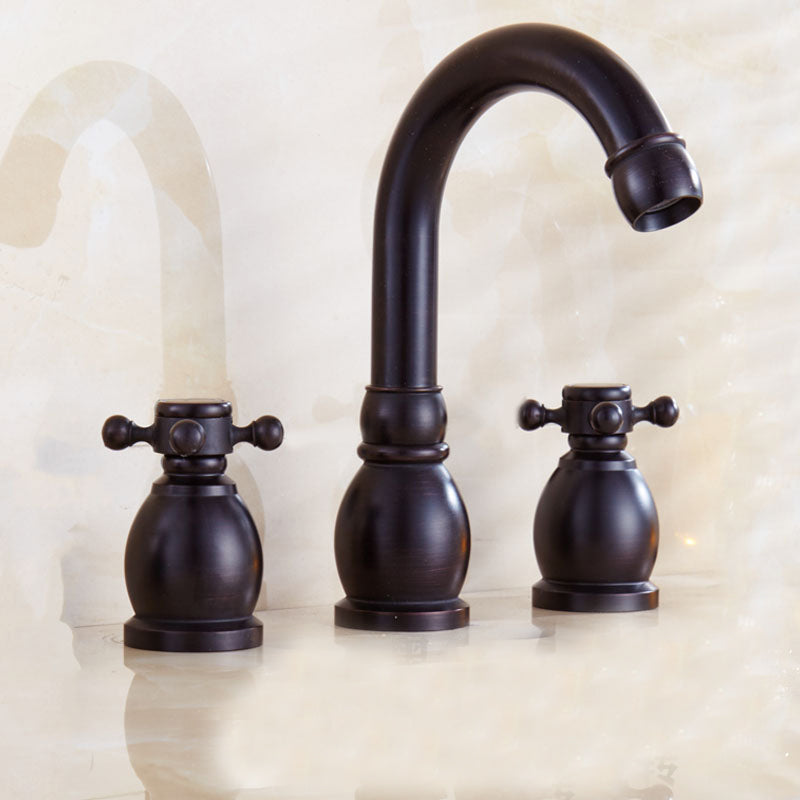 Widespread Bathroom Faucet 3 Holes Circular Vessel Sink Faucet Black High Arc Cross Handles Clearhalo 'Bathroom Remodel & Bathroom Fixtures' 'Bathroom Sink Faucets' 'Bathroom Sinks & Faucet Components' 'bathroom_sink_faucets' 'Home Improvement' 'home_improvement' 'home_improvement_bathroom_sink_faucets' 7205927
