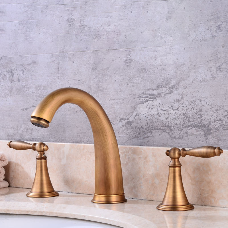 Widespread Bathroom Faucet 3 Holes Circular Vessel Sink Faucet Bronze Low Radian Lever Handles Clearhalo 'Bathroom Remodel & Bathroom Fixtures' 'Bathroom Sink Faucets' 'Bathroom Sinks & Faucet Components' 'bathroom_sink_faucets' 'Home Improvement' 'home_improvement' 'home_improvement_bathroom_sink_faucets' 7205933