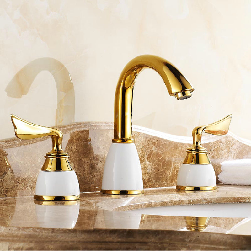 Widespread Bathroom Faucet 3 Holes Circular Vessel Sink Faucet Gold High Arc Wide Handle Clearhalo 'Bathroom Remodel & Bathroom Fixtures' 'Bathroom Sink Faucets' 'Bathroom Sinks & Faucet Components' 'bathroom_sink_faucets' 'Home Improvement' 'home_improvement' 'home_improvement_bathroom_sink_faucets' 7205934
