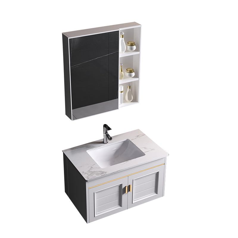 Wall Mounted Sink Vanity Contemporary Metal Bathroom Sink Vanity Vanity & Faucet & Mirror Cabinet 24"L x 19"W x 16"H Slate Clearhalo 'Bathroom Remodel & Bathroom Fixtures' 'Bathroom Vanities' 'bathroom_vanities' 'Home Improvement' 'home_improvement' 'home_improvement_bathroom_vanities' 7206740