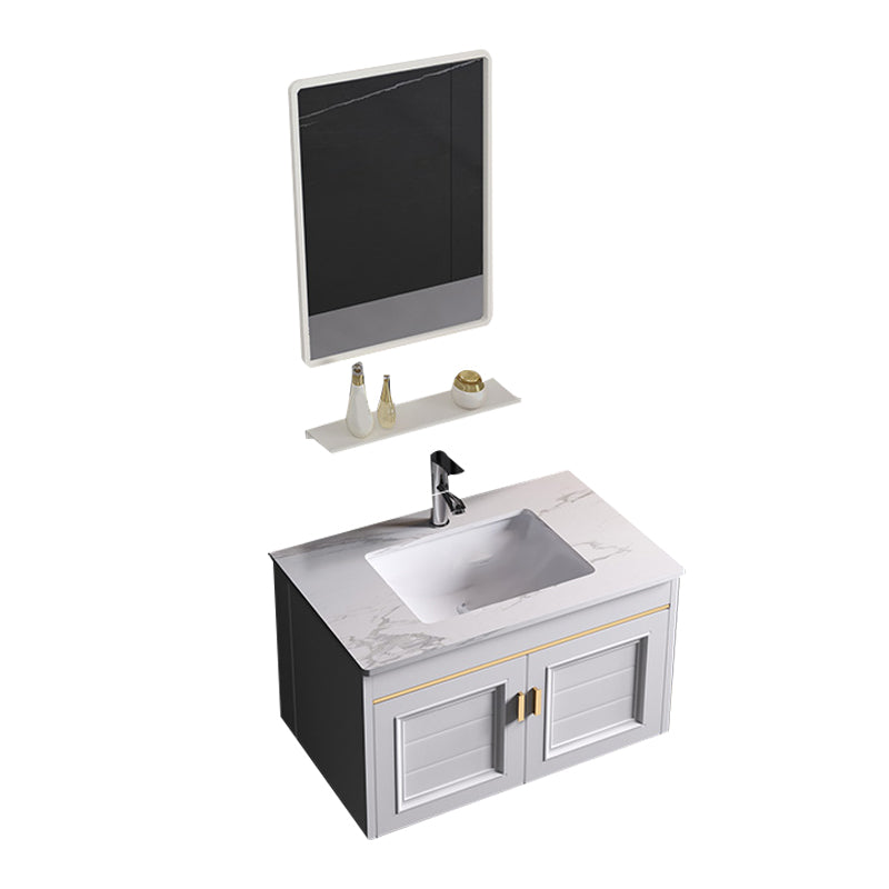 Wall Mounted Sink Vanity Contemporary Metal Bathroom Sink Vanity Vanity & Faucet & Mirrors 24"L x 19"W x 16"H Slate Clearhalo 'Bathroom Remodel & Bathroom Fixtures' 'Bathroom Vanities' 'bathroom_vanities' 'Home Improvement' 'home_improvement' 'home_improvement_bathroom_vanities' 7206744