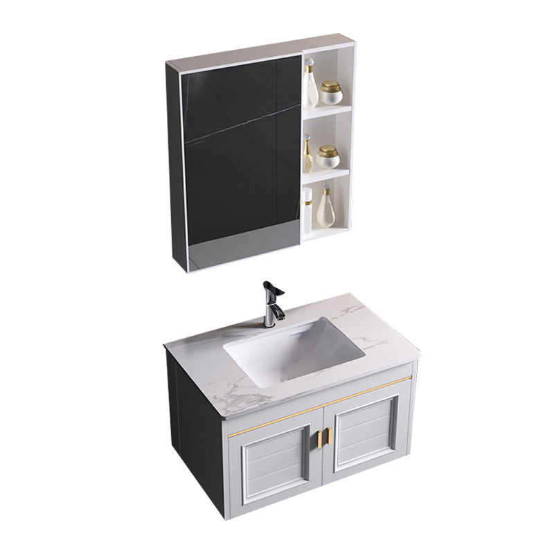 Wall Mounted Sink Vanity Contemporary Metal Bathroom Sink Vanity Vanity & Faucet & Mirror Cabinet 27.6"L x 18.9"W x 15.7"H Slate Clearhalo 'Bathroom Remodel & Bathroom Fixtures' 'Bathroom Vanities' 'bathroom_vanities' 'Home Improvement' 'home_improvement' 'home_improvement_bathroom_vanities' 7206745