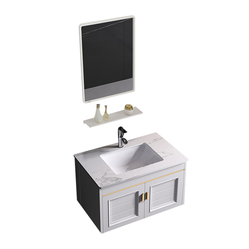 Wall Mounted Sink Vanity Contemporary Metal Bathroom Sink Vanity Vanity & Faucet & Mirrors 27.6"L x 18.9"W x 15.7"H Slate Clearhalo 'Bathroom Remodel & Bathroom Fixtures' 'Bathroom Vanities' 'bathroom_vanities' 'Home Improvement' 'home_improvement' 'home_improvement_bathroom_vanities' 7206748