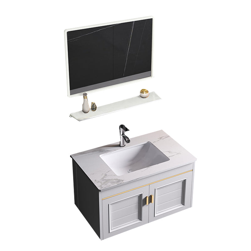 Wall Mounted Sink Vanity Contemporary Metal Bathroom Sink Vanity Vanity & Faucet & Mirrors 31"L x 19"W x 16"H Slate Clearhalo 'Bathroom Remodel & Bathroom Fixtures' 'Bathroom Vanities' 'bathroom_vanities' 'Home Improvement' 'home_improvement' 'home_improvement_bathroom_vanities' 7206752