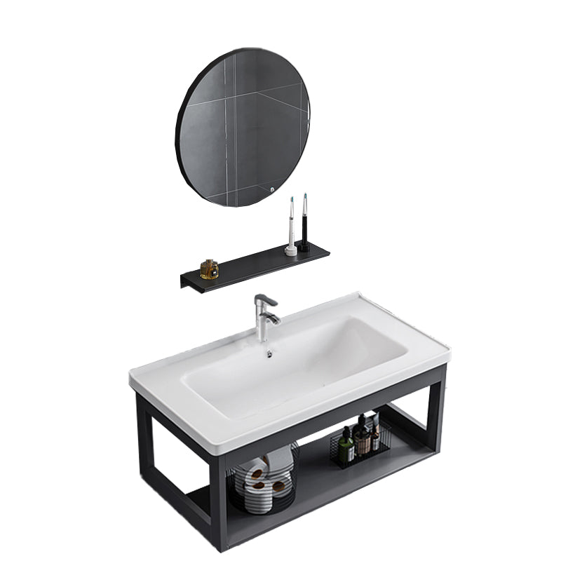 Bathroom Sink Vanity Rectangular Sink Storage Shelf Sink Vanity Vanity & Faucet & Round Mirror 31.5"L x 15.7"W x 14.6"H Clearhalo 'Bathroom Remodel & Bathroom Fixtures' 'Bathroom Vanities' 'bathroom_vanities' 'Home Improvement' 'home_improvement' 'home_improvement_bathroom_vanities' 7206778