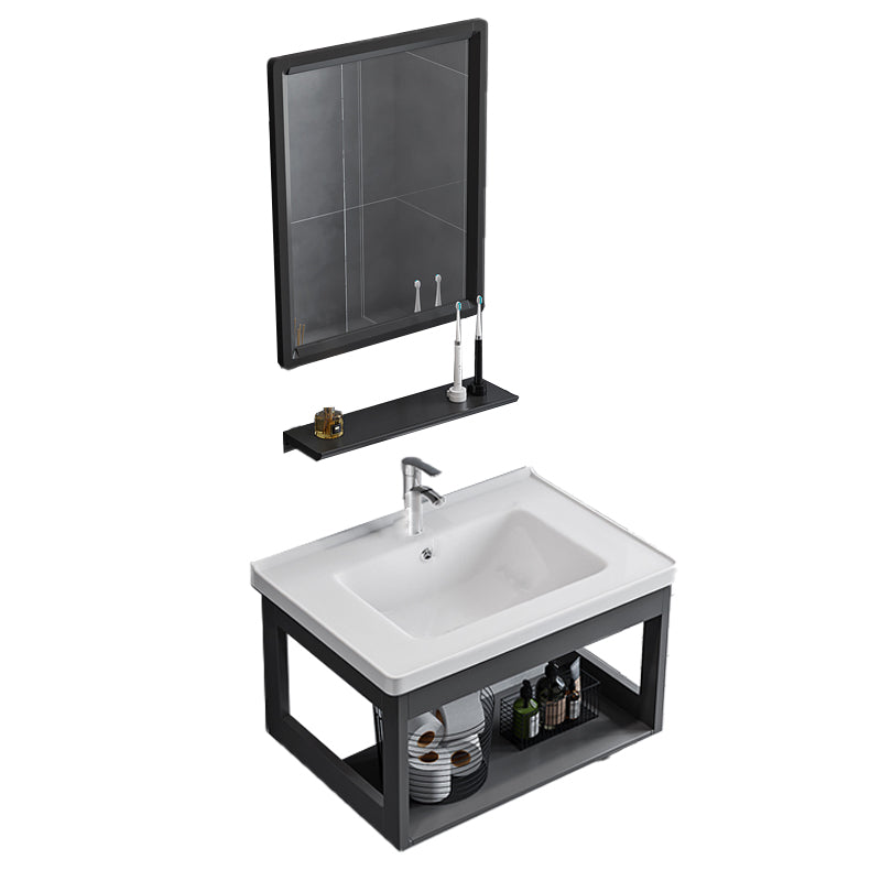 Bathroom Sink Vanity Rectangular Sink Storage Shelf Sink Vanity Vanity & Faucet & Square Mirror 23.6"L x 15.7"W x 14.6"H Clearhalo 'Bathroom Remodel & Bathroom Fixtures' 'Bathroom Vanities' 'bathroom_vanities' 'Home Improvement' 'home_improvement' 'home_improvement_bathroom_vanities' 7206784