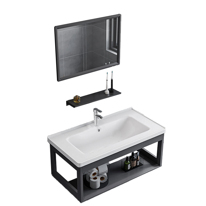 Bathroom Sink Vanity Rectangular Sink Storage Shelf Sink Vanity Vanity & Faucet & Square Mirror 31.5"L x 15.7"W x 14.6"H Clearhalo 'Bathroom Remodel & Bathroom Fixtures' 'Bathroom Vanities' 'bathroom_vanities' 'Home Improvement' 'home_improvement' 'home_improvement_bathroom_vanities' 7206786