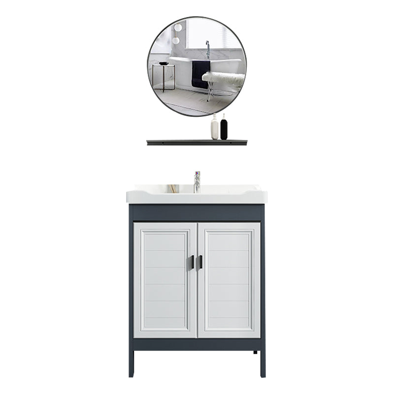 Mirror Bathroom Vanity Freestanding Rectangular Single Sink Metal Frame Vanity with Doors Vanity & Faucet & Round Mirror 24"L x 19"W x 31"H Clearhalo 'Bathroom Remodel & Bathroom Fixtures' 'Bathroom Vanities' 'bathroom_vanities' 'Home Improvement' 'home_improvement' 'home_improvement_bathroom_vanities' 7207192