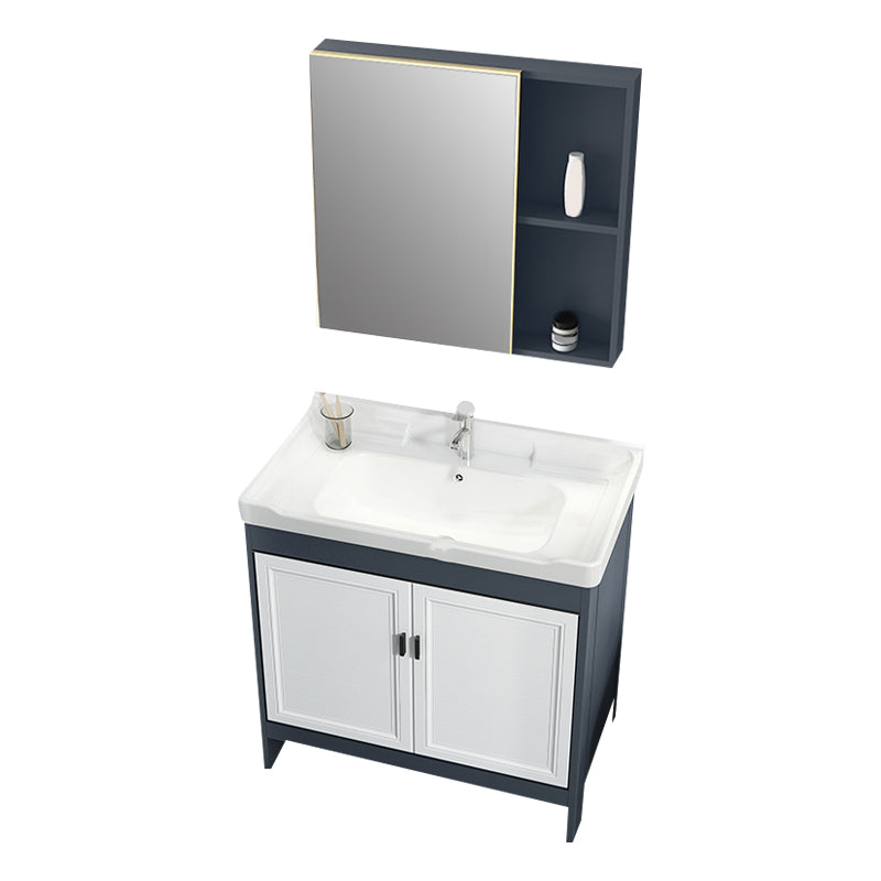 Mirror Bathroom Vanity Freestanding Rectangular Single Sink Metal Frame Vanity with Doors Vanity & Faucet & Mirror Cabinet Clearhalo 'Bathroom Remodel & Bathroom Fixtures' 'Bathroom Vanities' 'bathroom_vanities' 'Home Improvement' 'home_improvement' 'home_improvement_bathroom_vanities' 7207198