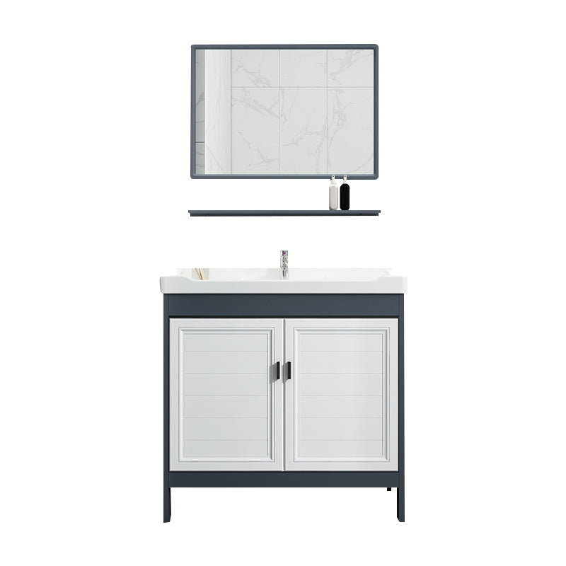 Mirror Bathroom Vanity Freestanding Rectangular Single Sink Metal Frame Vanity with Doors Vanity & Faucet & Square Mirror Clearhalo 'Bathroom Remodel & Bathroom Fixtures' 'Bathroom Vanities' 'bathroom_vanities' 'Home Improvement' 'home_improvement' 'home_improvement_bathroom_vanities' 7207200