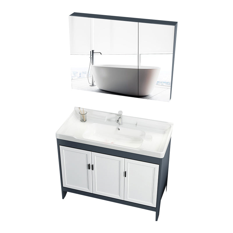 Mirror Bathroom Vanity Freestanding Rectangular Single Sink Metal Frame Vanity with Doors Vanity & Faucet & Enclosed Mirror Cabinet Clearhalo 'Bathroom Remodel & Bathroom Fixtures' 'Bathroom Vanities' 'bathroom_vanities' 'Home Improvement' 'home_improvement' 'home_improvement_bathroom_vanities' 7207205