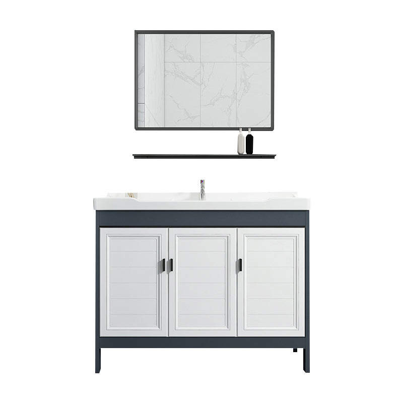 Mirror Bathroom Vanity Freestanding Rectangular Single Sink Metal Frame Vanity with Doors Vanity & Faucet & Square Mirror Clearhalo 'Bathroom Remodel & Bathroom Fixtures' 'Bathroom Vanities' 'bathroom_vanities' 'Home Improvement' 'home_improvement' 'home_improvement_bathroom_vanities' 7207207