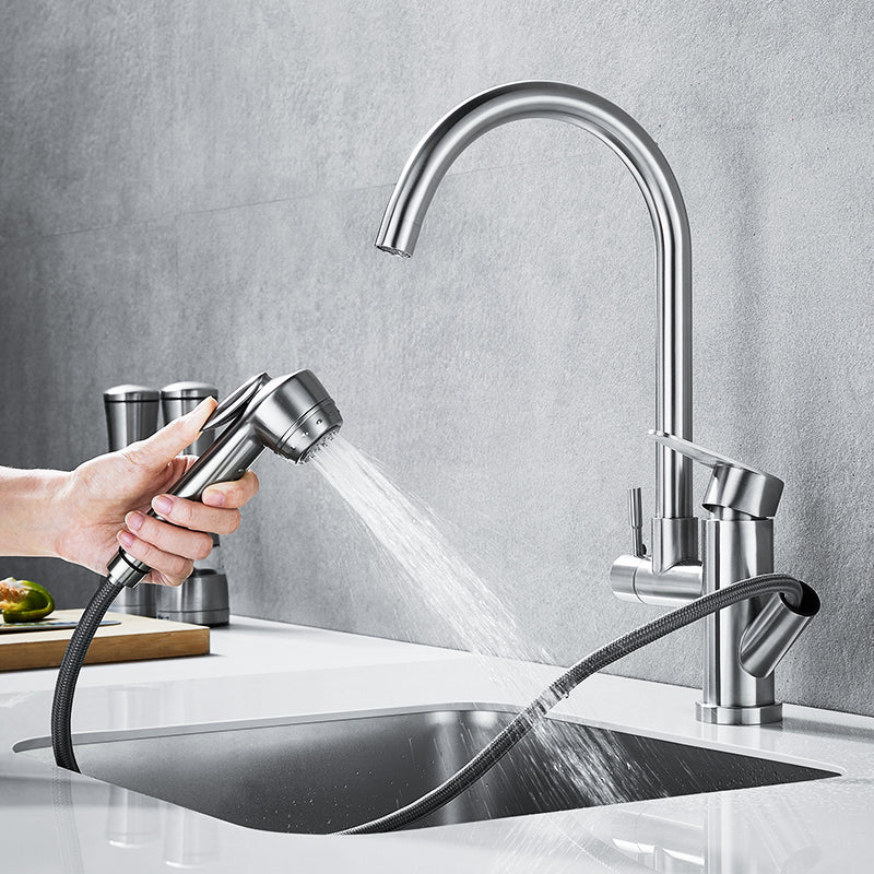 Modern Style Kitchen Faucet Lever Handle 304 Stainless Steel Kitchen Faucet Round Faucet & Pull Faucet Clearhalo 'Home Improvement' 'home_improvement' 'home_improvement_kitchen_faucets' 'Kitchen Faucets' 'Kitchen Remodel & Kitchen Fixtures' 'Kitchen Sinks & Faucet Components' 'kitchen_faucets' 7208698